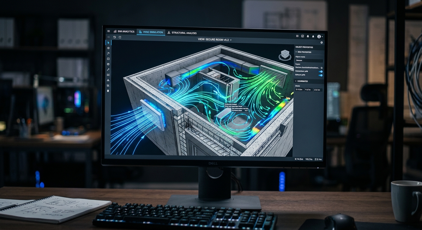 מסך מחשב על שולחן עבודה המציג תוכנת BIM עם סימולציית תלת מימד של זרימת אוויר ומערכות מיזוג אוויר (HVAC) בתוך מבנה.